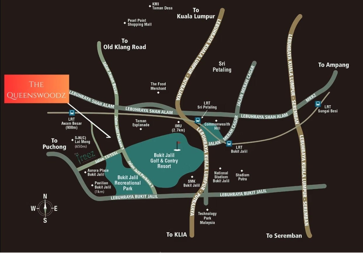 Map showing The Queenswoodz location in Bukit Jalil near LRT Awan Besar and Pavilion