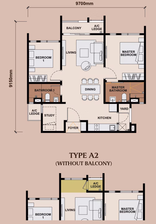 Type A floor plan — 2+1 bedroom 807 sqft at The Queenswoodz