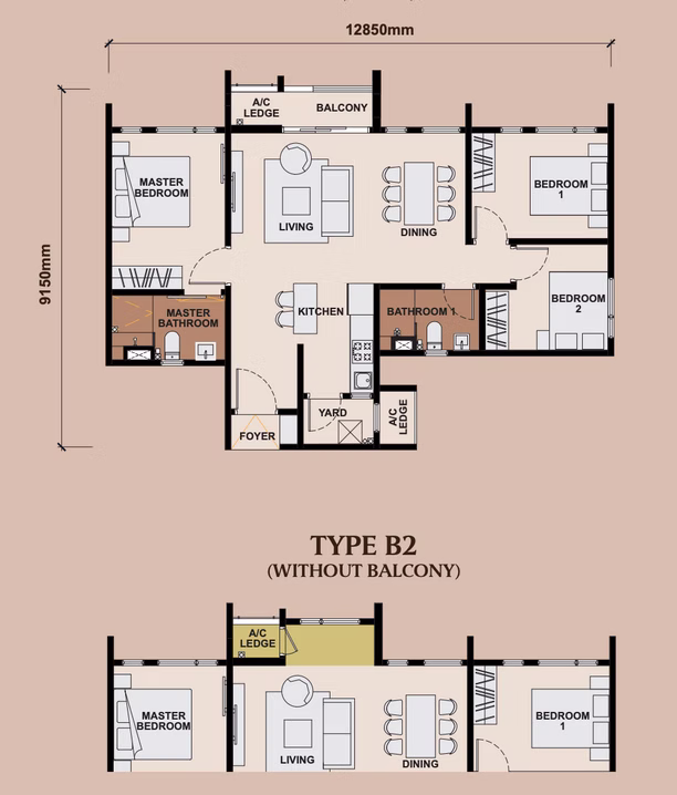 Type B floor plan — 3 bedroom 936 sqft at The Queenswoodz