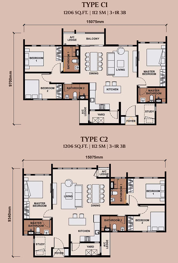 Type C floor plan — 3+1 bedroom 1206 sqft at The Queenswoodz