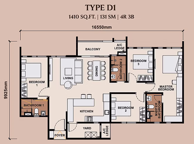 Type D1 floor plan — 4 bedroom 1410 sqft at The Queenswoodz